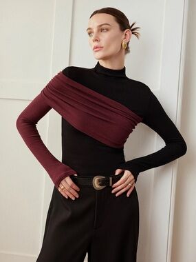 Commense Black & Burgundy Off-the-Shoulder Wrap Sweater